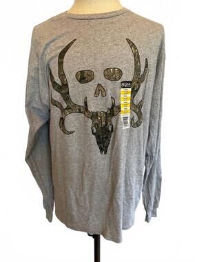 Bone Collector Men’s XL Gray Camo Skull Deer Hunting Long Sleeve Shirt